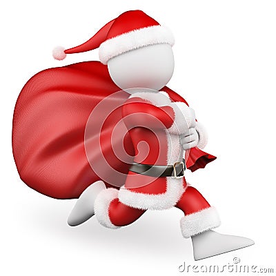 3D white people. Santa Claus running with big bag full of gifts Stock Photo