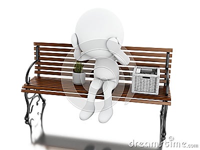 3d White people seated on a bench with his stuff Cartoon Illustration