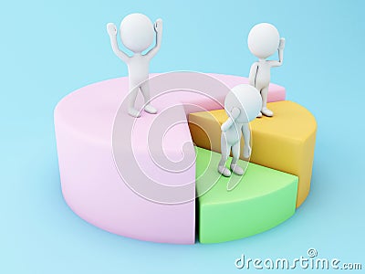 3d White people stand on each portion of pie chart Cartoon Illustration