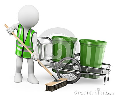 3D white people. Sweeper working with his broom Stock Photo