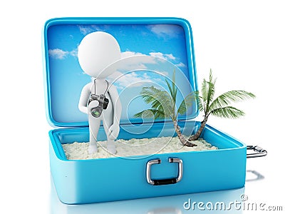 3d white people tourist with camera in a travel suitcase. Stock Photo