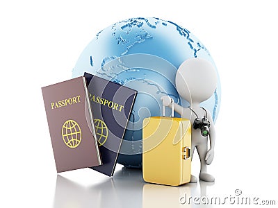 3d White people tourist with passport and earth globe. Cartoon Illustration