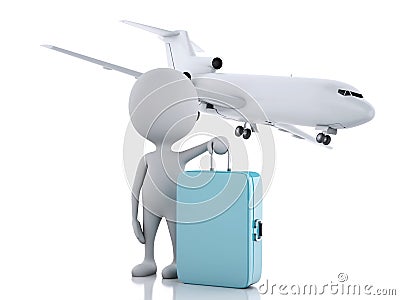 3d white people tourist with suitcases and a airplane. Travel co Cartoon Illustration