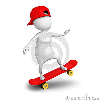 3d white person ride on skate with cap Cartoon Illustration