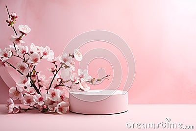 3D White and Pink Podium with Pink Flowers and Leaves Stock Photo