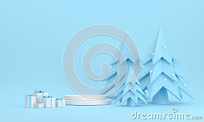 White podium, Christmas tree, snow and gift boxes at the christmas festival on a blue background Stock Photo
