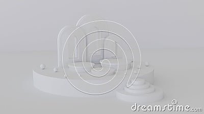 3D white cylinder pedestal podium set. Clean white room with a set of round podiums. 3d render Stock Photo