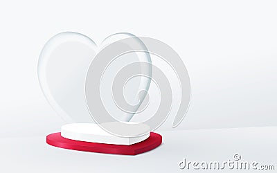 3D white and red heart shape podium display. Valentines banner for Wedding greeting card. Space for your design Vector Illustration