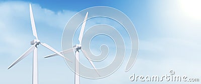 3d white wind mill power turbine on sky background Vector Illustration