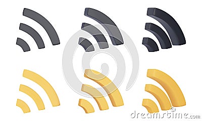 3D Wi Fi symbol. Realistic Wireless network, connection sign. Front and rotated view. 3D render, Yellow and black vector Vector Illustration