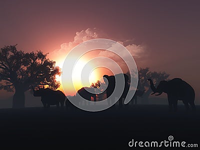 3D wild animals in a sunset landscape Stock Photo