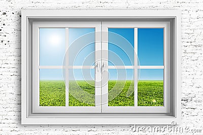 3d window frame with blue sky background Stock Photo