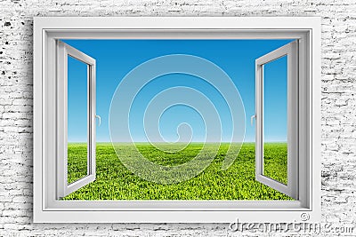 3d window frame with blue sky background Stock Photo