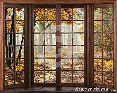 3d window view. Beautiful view of nature from the window. autumn landscape. Stock Photo