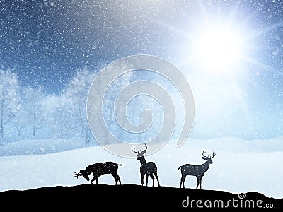 3D winter snow landscape with silhouettes of deer Stock Photo