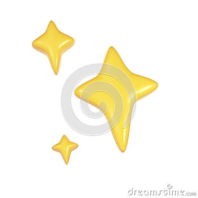 3d winter yellow Christmas stars sparkle. Cute shiny star shaped object element icon. shine symbol isolated on white Cartoon Illustration