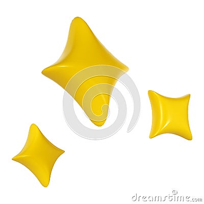 3d winter yellow Christmas stars sparkle. Cute shiny star shaped object element icon. shine symbol isolated on white Cartoon Illustration