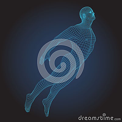 3D wire frame human body.Jumping Flying figure Vector Illustration