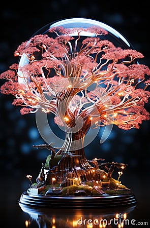 3d wire ir brain tree with light. A lighted tree with a full moon in the background Stock Photo