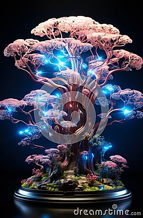 3d wire ir brain tree. A lighted display of a tree with blue lights Stock Photo