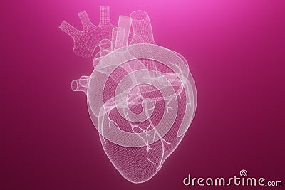 3D wireframe hearts render white backgrounds, Abstract Heart icon form lines and triangles, point connecting network on Stock Photo