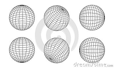 3D Wireframe sphere collection. globe or ball in circle net wire. Retro futuristic aesthetic. geometry wireframe shapes grid. Vector Illustration