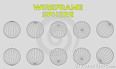 3D Wireframe sphere collection. globe or ball in circle net wire. Retro futuristic aesthetic. geometry wireframe shapes grid. Vector Illustration