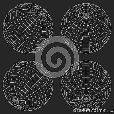 3D Wireframe sphere collection. globe or ball in circle net wire. Retro futuristic aesthetic. geometry wireframe shapes grid. Vector Illustration