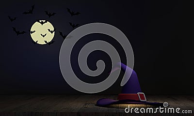 The witch`s hat on the wooden floor of the Halloween festival. The background is a full moon and bats give a scary feeling.Showin Stock Photo
