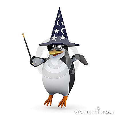 3d Wizard penguin floats above the ground magically Stock Photo