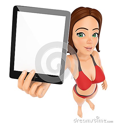 3D Woman in bikini with a tablet. Blank screen Cartoon Illustration