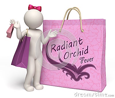 3d woman with giant radiant orchid shopping bag Stock Photo