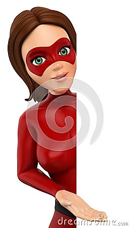 3D Woman masked superhero pointing to one side Cartoon Illustration