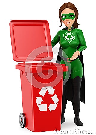 3D Woman superhero of recycling standing with a red bin for recycling Cartoon Illustration