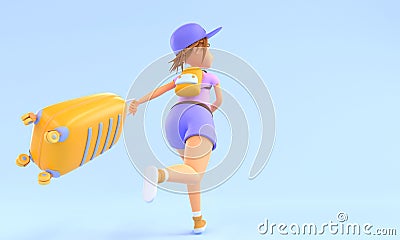 3D Woman tourist with suitcase runs fast in hurry, back view. Cartoon illustration of girl traveler late for flight to Cartoon Illustration