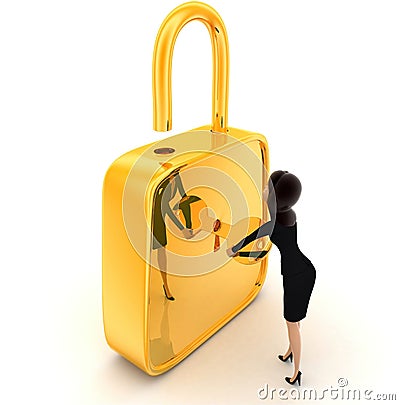 3d woman unlock padlock using key concept Stock Photo