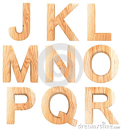 3D wooden English alphabet letters from J to R isolated on white background. Stock Photo