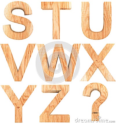 3D wooden English alphabet letters from S to Z and question sign isolated on white background. Stock Photo