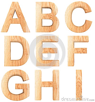 3D wooden English alphabet letters from A to I isolated on white background. Stock Photo