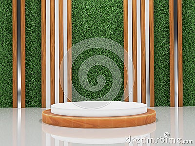 3D Wooden Podium with modern design artificial grass wall. Stock Photo