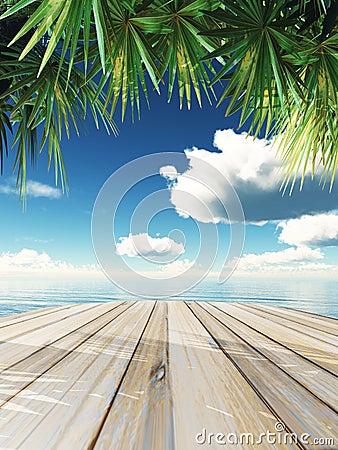 3D wooden table looking out to tropical ocean Stock Photo