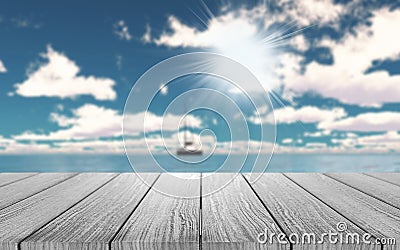 3D wooden table looking out to a yacht on the ocean Stock Photo