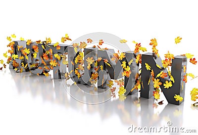 3d Word autumn decorated with leaves. Stock Photo