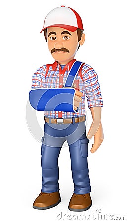 3D Worker with arm in sling. Occupational accident Cartoon Illustration