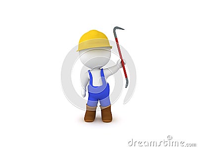 3D Worker with blue overalls holding crowbar Stock Photo