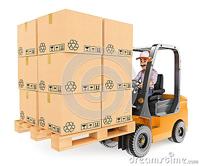 3D Worker driving a forklift loaded Stock Photo