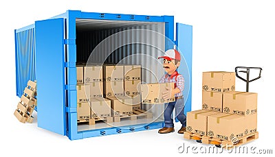 3D Worker loading or unloading a container Cartoon Illustration