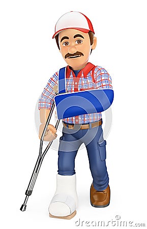 3D Worker with plaster leg and arm in sling. Work accident Cartoon Illustration