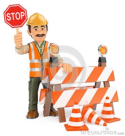 3D Worker with stop sign. Under construction Cartoon Illustration