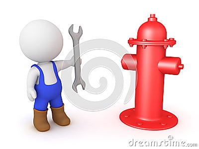 3D Worker with wrench standing next to fire hydrant Stock Photo